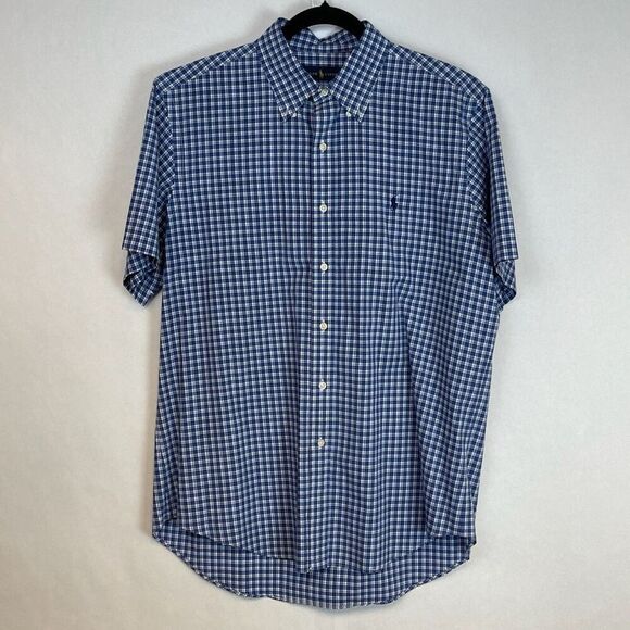 RALPH LAUREN Shirt Men's Large Blue White Plaid Short Sleeve Button Down Collar - Picture 1 of 12